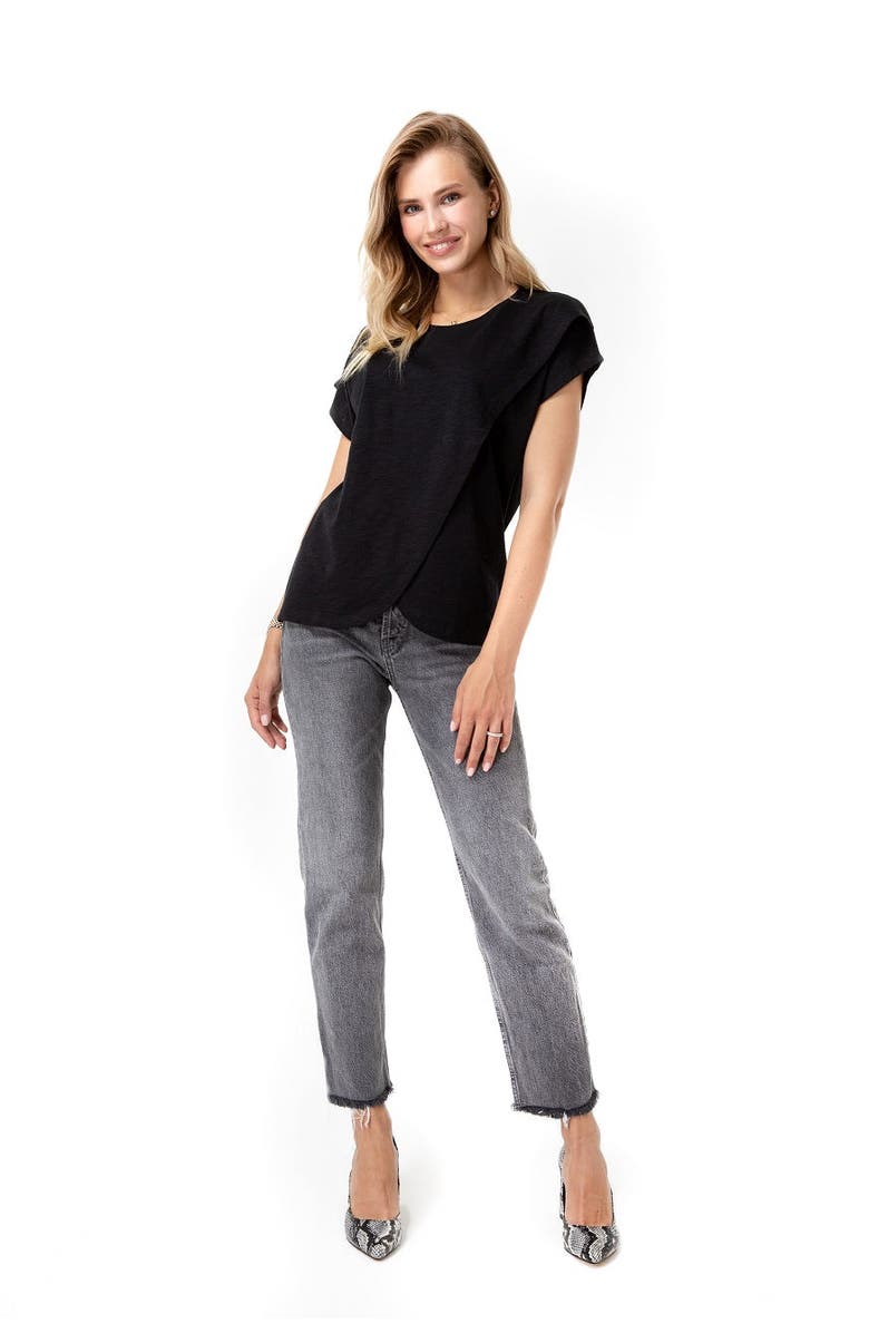 Accouchée Handy Crossover Short Sleeve Cotton Maternity/Nursing Top, Main, color, Black