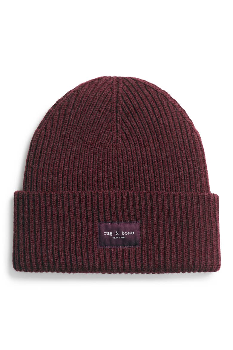 Blake Logo Patch Wool Blend Rib Beanie, Main, color, BURGUNDY
