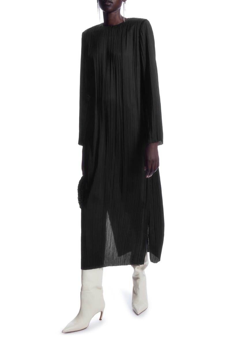 Long Sleeve Recycled Polyester Plissé Midi Dress, Main, color, BLACK DARK