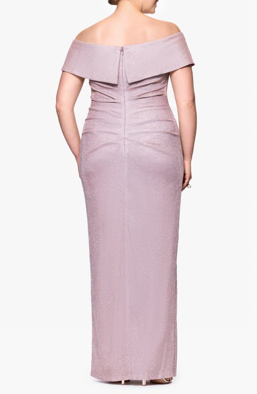 Xscape Evenings Metallic Ruffle Off The Shoulder Gown In Blush/silver