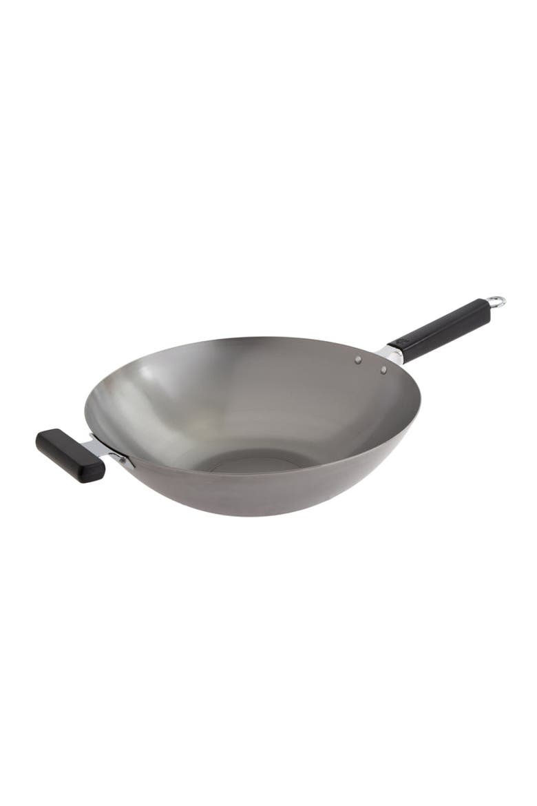 Uncoated Carbon Steel Flat Bottom Wok with Phenolic Handles, 14-Inch, Main, color, Metallic Silver