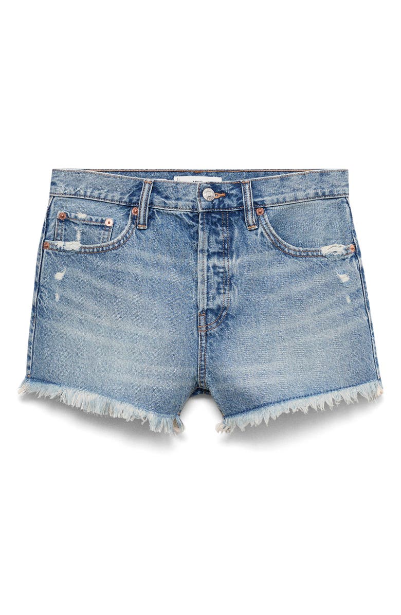 MANGO Frayed High Waist Denim Shorts, Alternate, color, Medium Blue