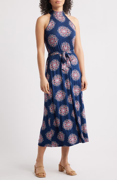 Printed Tie Waist Halter Knit Midi Dress