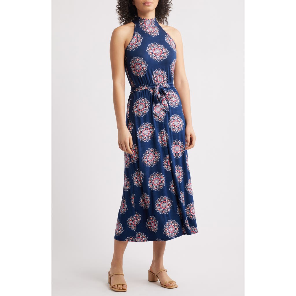 Loveappella Printed Tie Waist Halter Knit Midi Dress In Navy