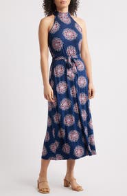 Loveappella Printed Tie Waist Halter Knit Midi Dress
