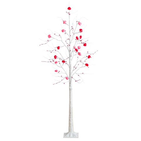 6-ft Pre-Lit Artificial Valentine's Day Twig Tree with 96 Heart Shaped LED Lights and Red Berries