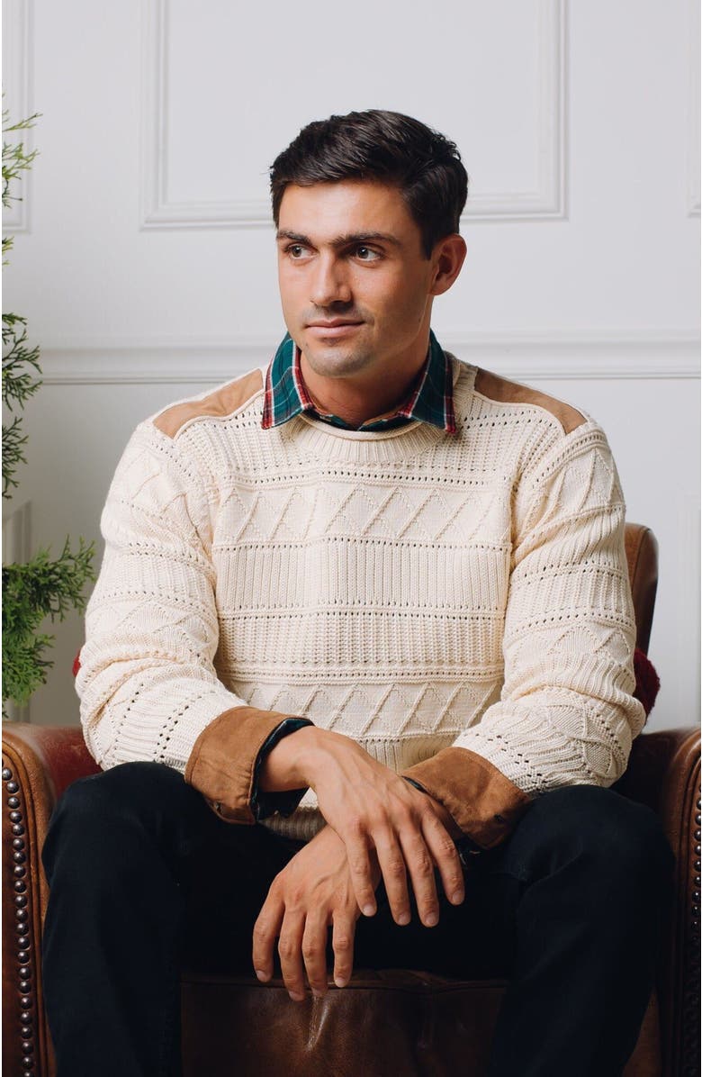 Hope & Henry Men's Organic Cable Sweater with Suede Detail, Alternate, color, 