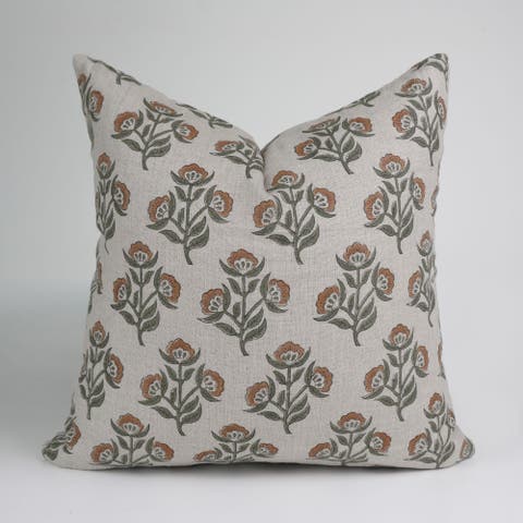 Bael Patra Floral Blockprint Pure Linen Pillow Cover