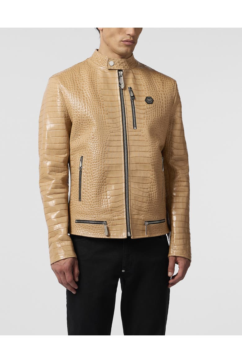 Leather Moto Jacket Cocco Men, Main, color, beige