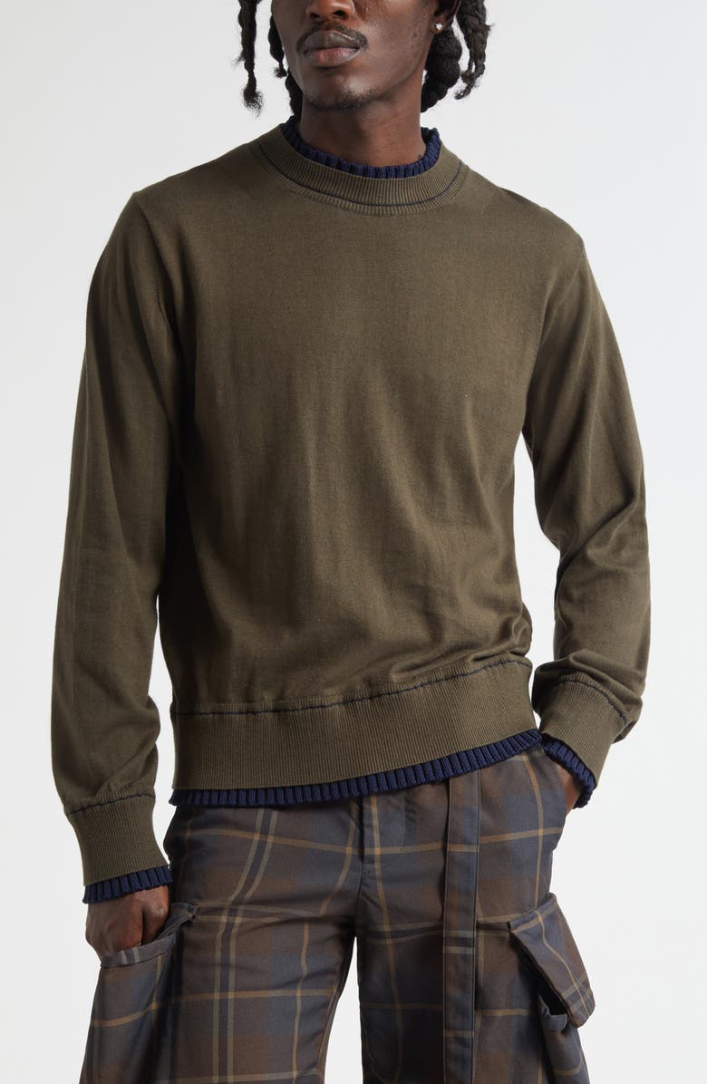 Sacai Layered Cotton & Cashmere Crewneck Sweater, Main, color, Khaki/ Navy