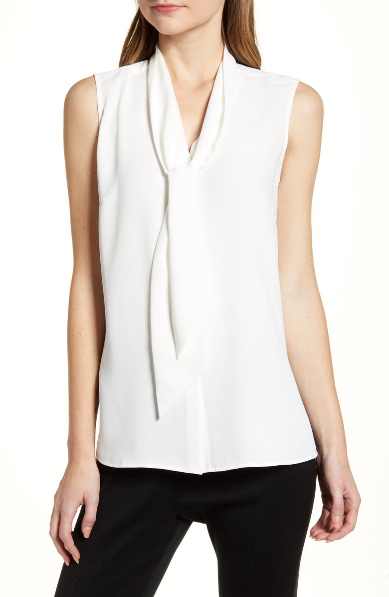 Ming Wang Crepe Tie Neck Sleeveless Blouse, Main, color, 