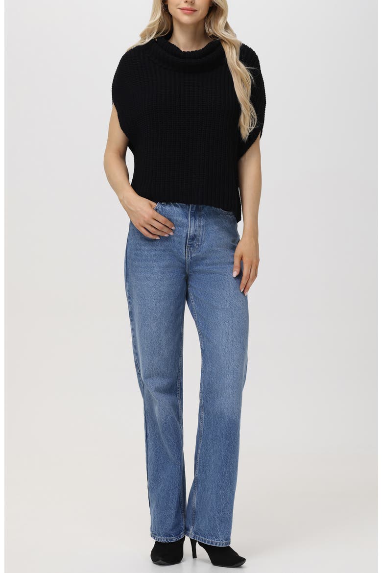 Cate Short Sleeve Cowl Neck Cotton Sweater, Alternate, color, BLACK