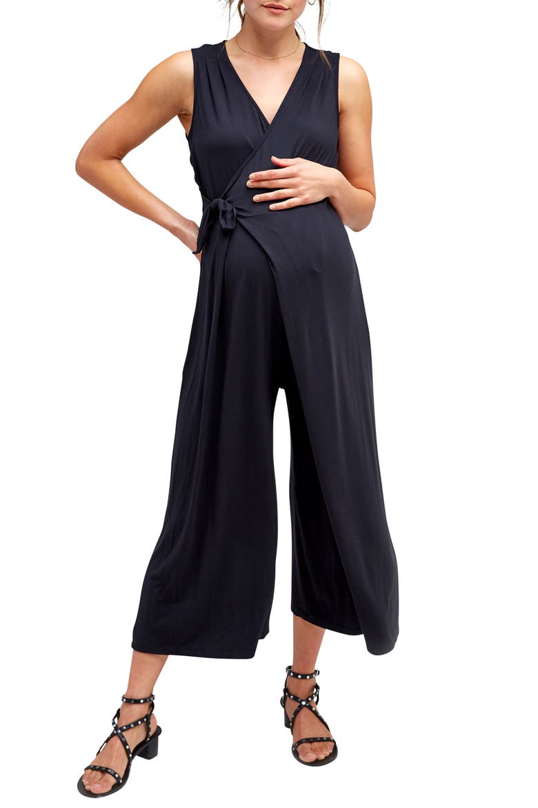 Francesca Maternity & Nursing Cropped Jumpsuit, Main, color, BLACK