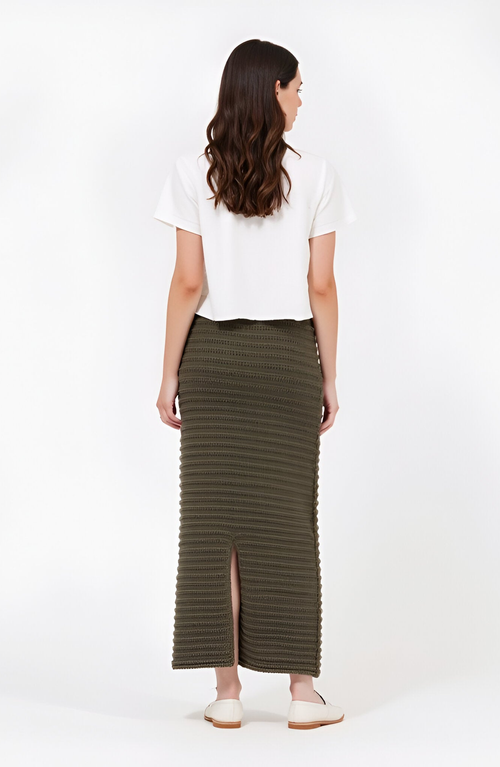 Modenaire Textured Knit Midi Skirt With Ribbed Stripe Pattern And Back Slit In Brown