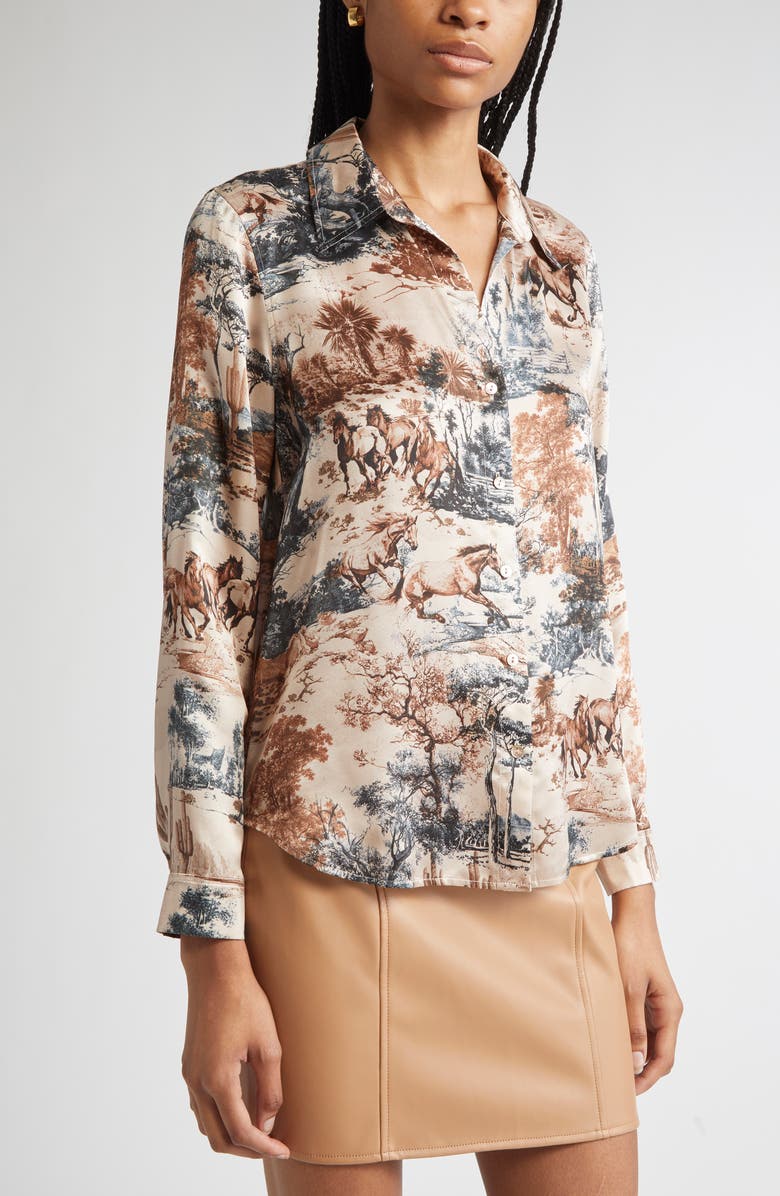 L'AGENCE Tyler Print Silk Button-Up Shirt, Alternate, color, Tan Mt Western Toile