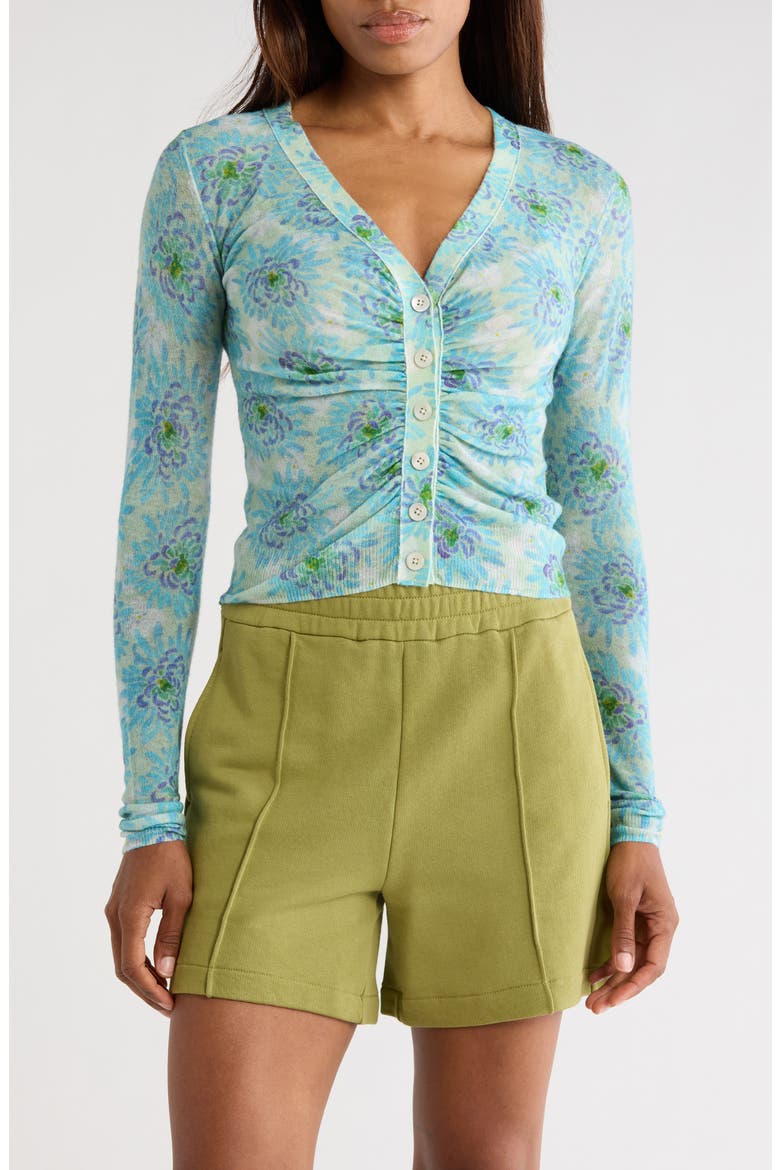 Astera Fleur Ruched Wool Blend Cardigan, Main, color, ASTERA FLEUR TURQUOISE CO