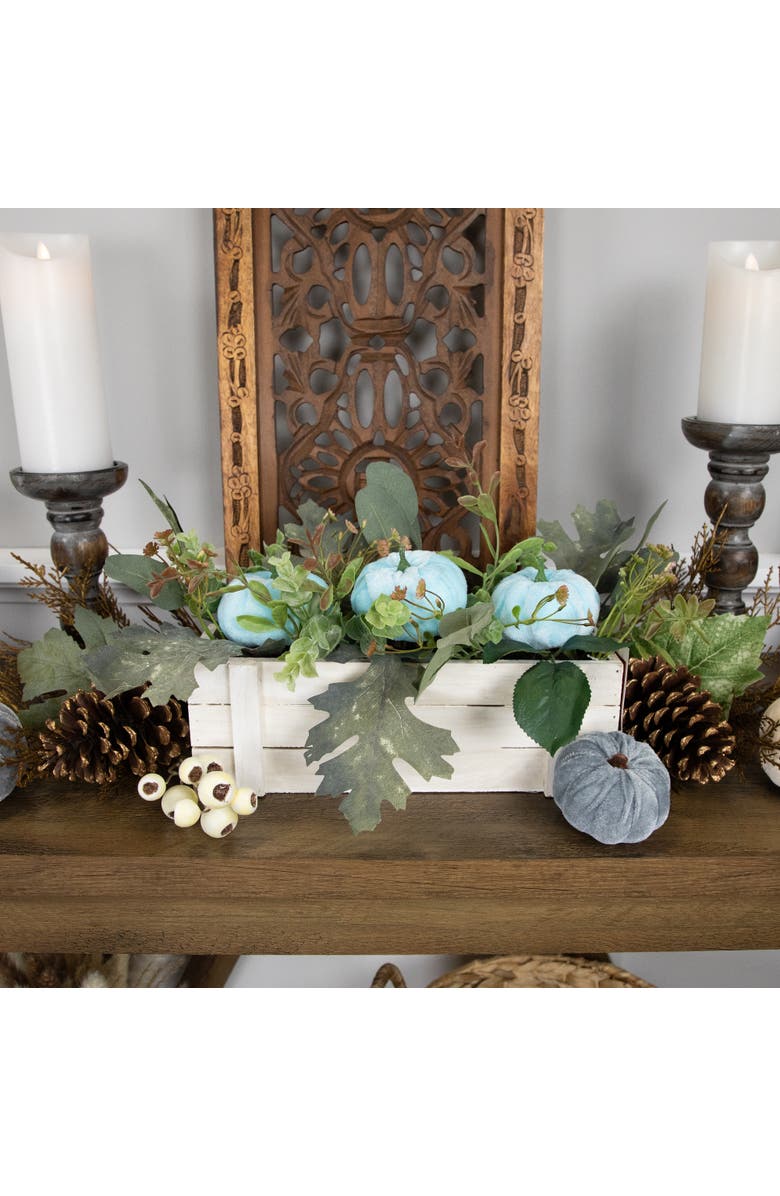 Northlight Fall Harvest Foliage and Pumpkins In Wooden Planter - 18" - Blue, Alternate, color, 