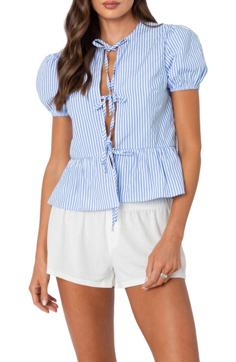 EDIKTED Stripe Tie Front Puff Sleeve Shirt, Main, color, Blue-And-White