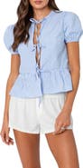 EDIKTED Stripe Tie Front Puff Sleeve Shirt