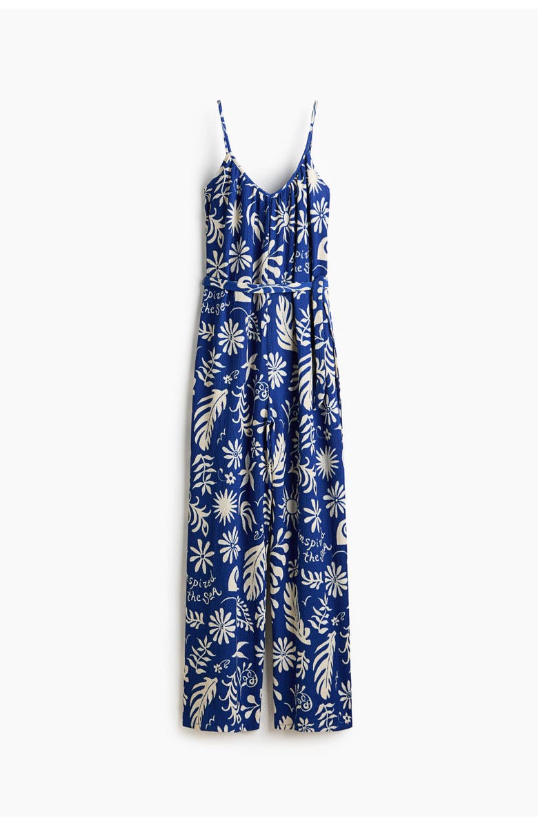 H&M Tie-belt Jumpsuit, Main, color, Bright Blue/White
