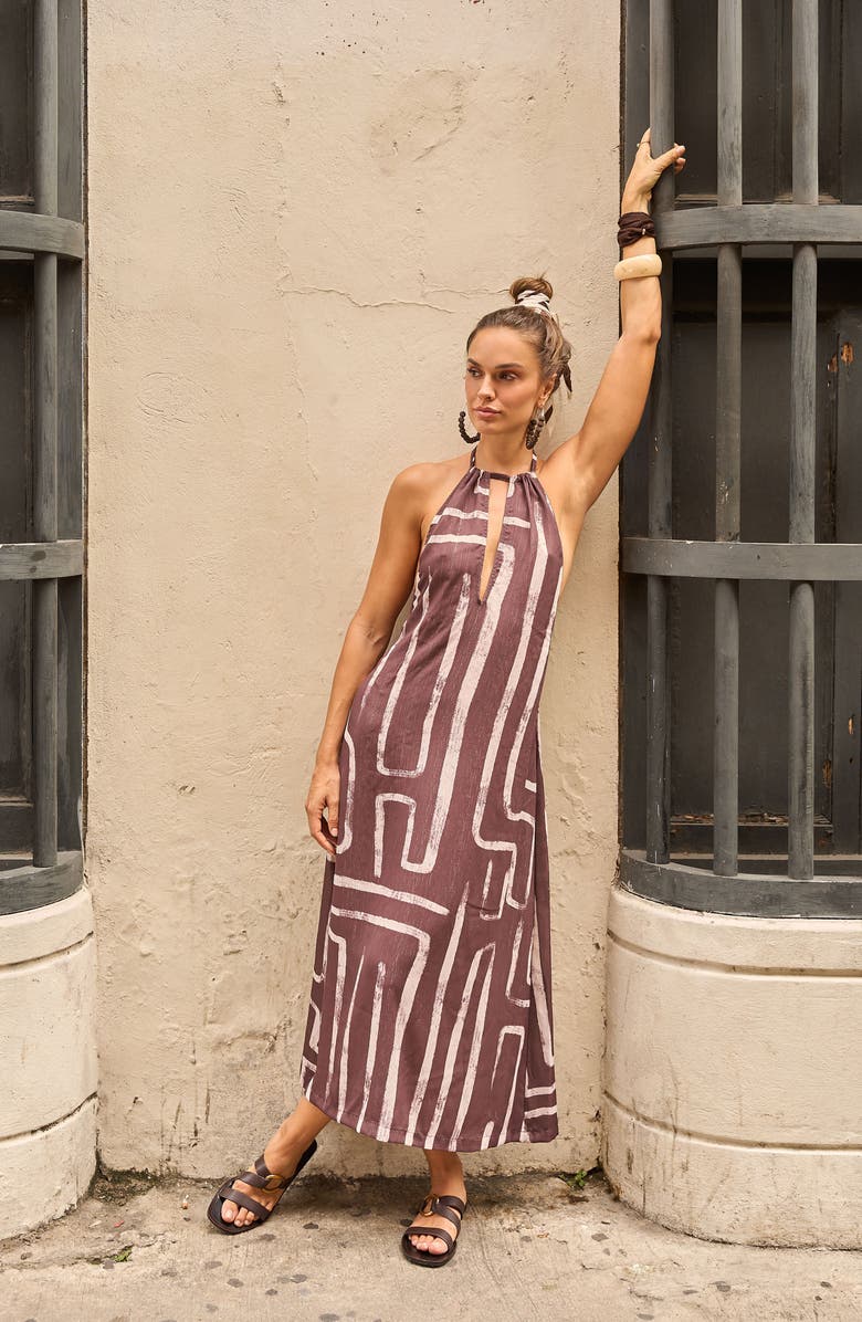 Cosita Linda Halter Cutout Cover-Up Maxi Dress, Alternate, color, Coffee Bean