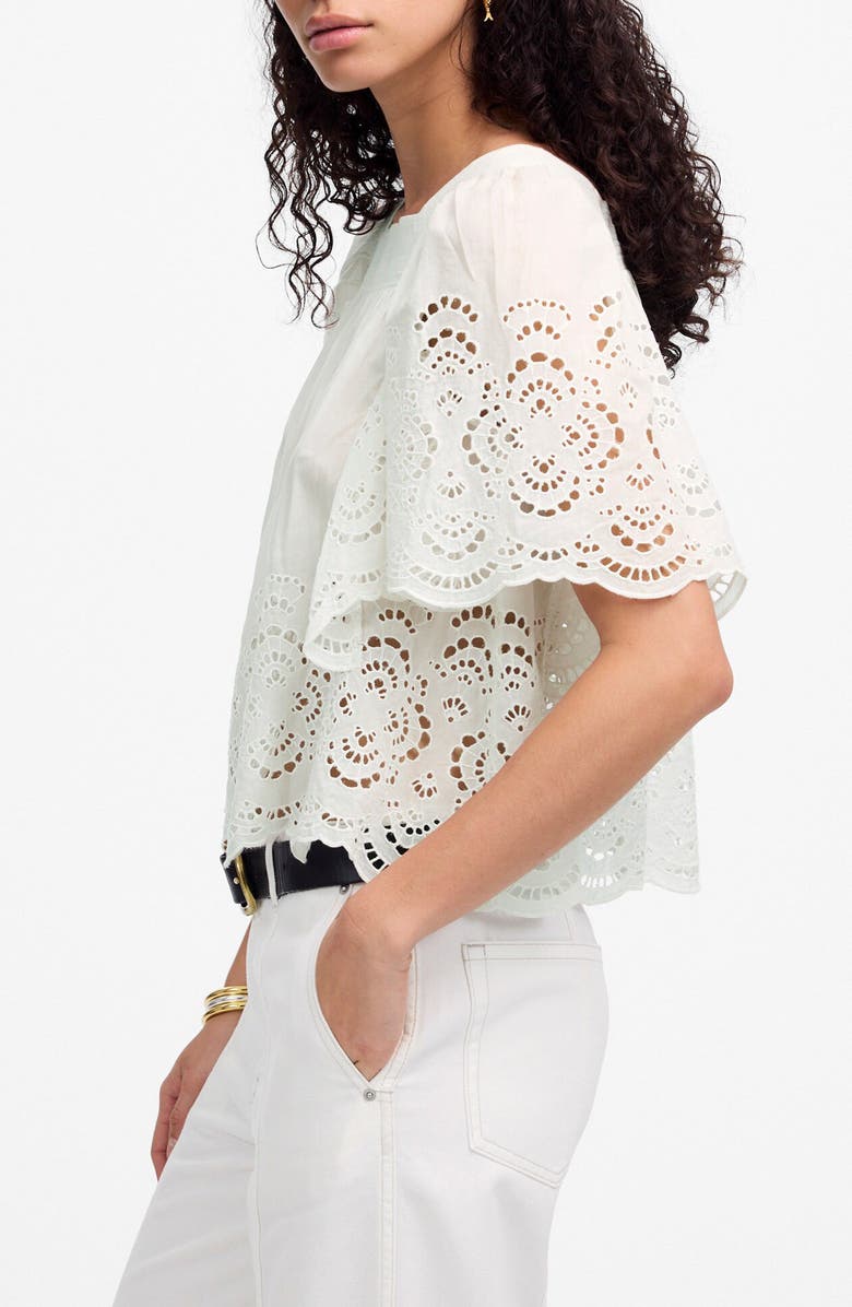 Madewell Eyelet Flutter Sleeve Cotton Blend Top, Alternate, color, White
