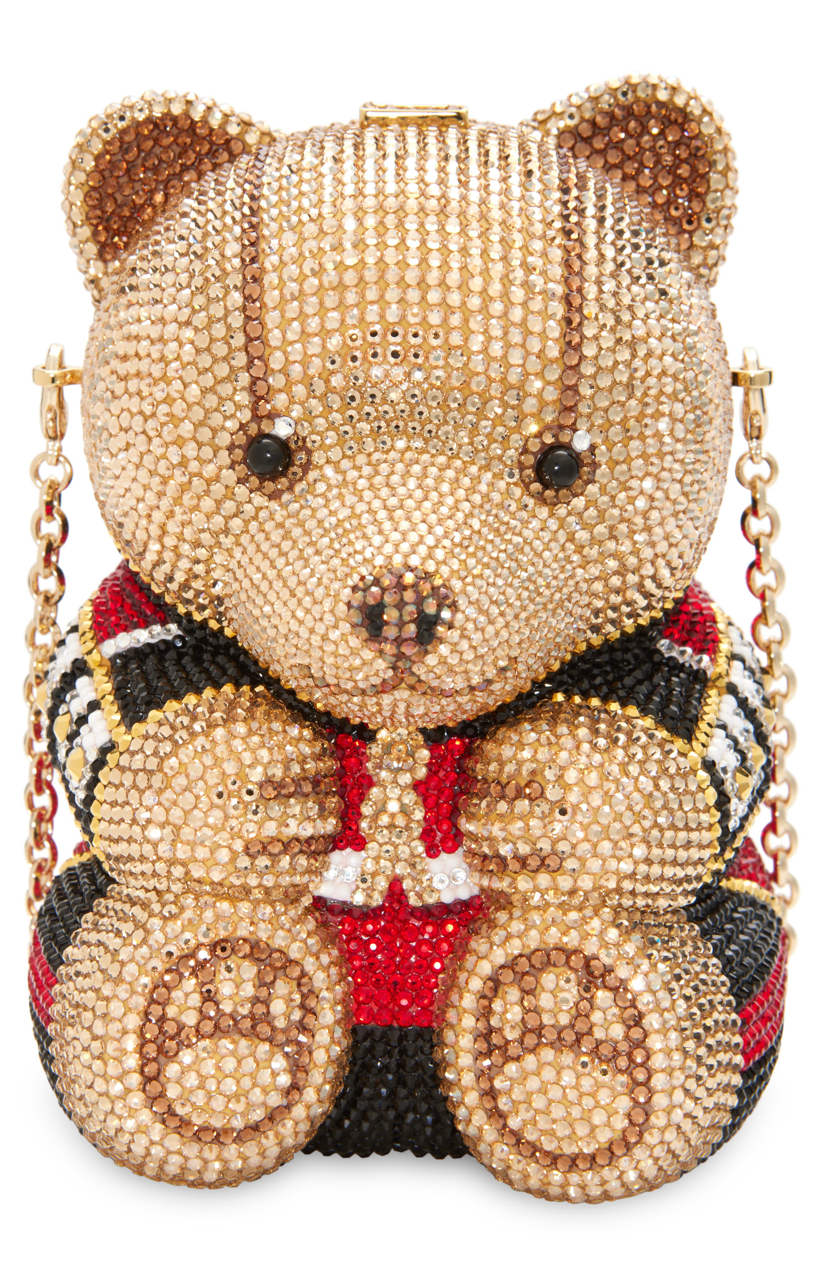 JUDITH LEIBER COUTURE Teddy Bear Albert Crystal Embellished Novelty Clutch, Main, color, Champagne Prosecco Multi