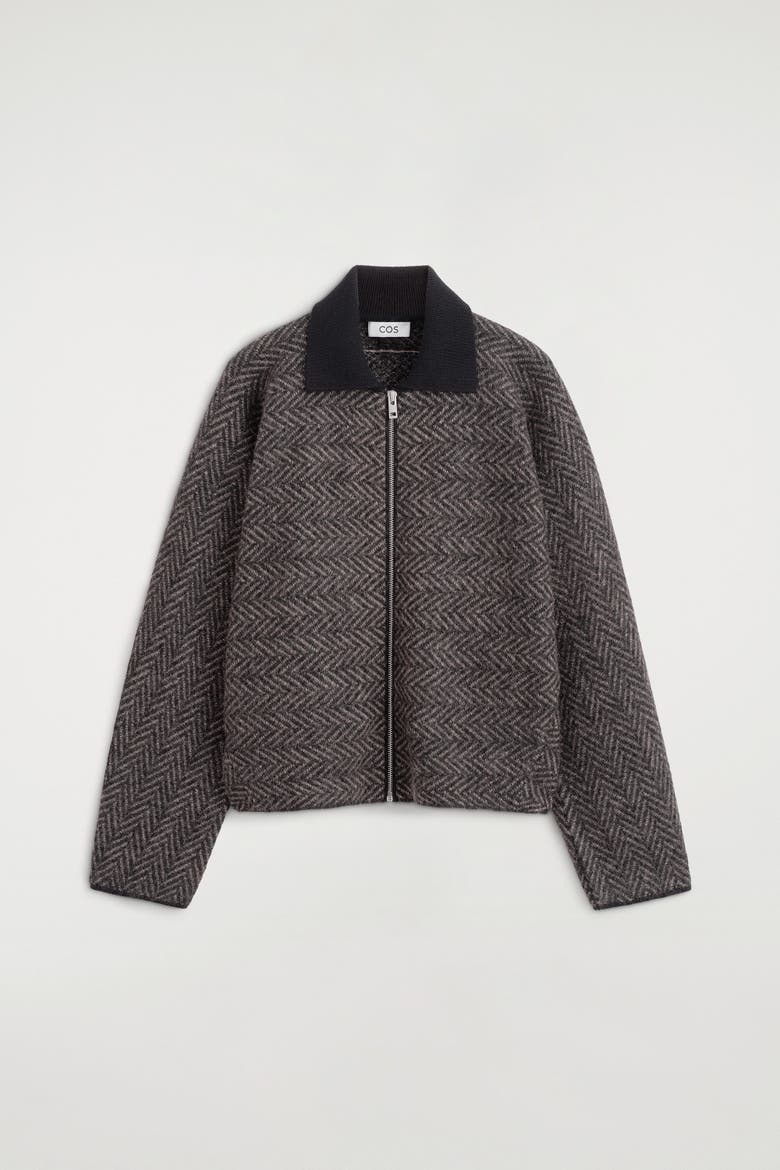 Sculpted Wool-Herringbone Zip-Up Jacket, Alternate, color, GRAY / BLACK