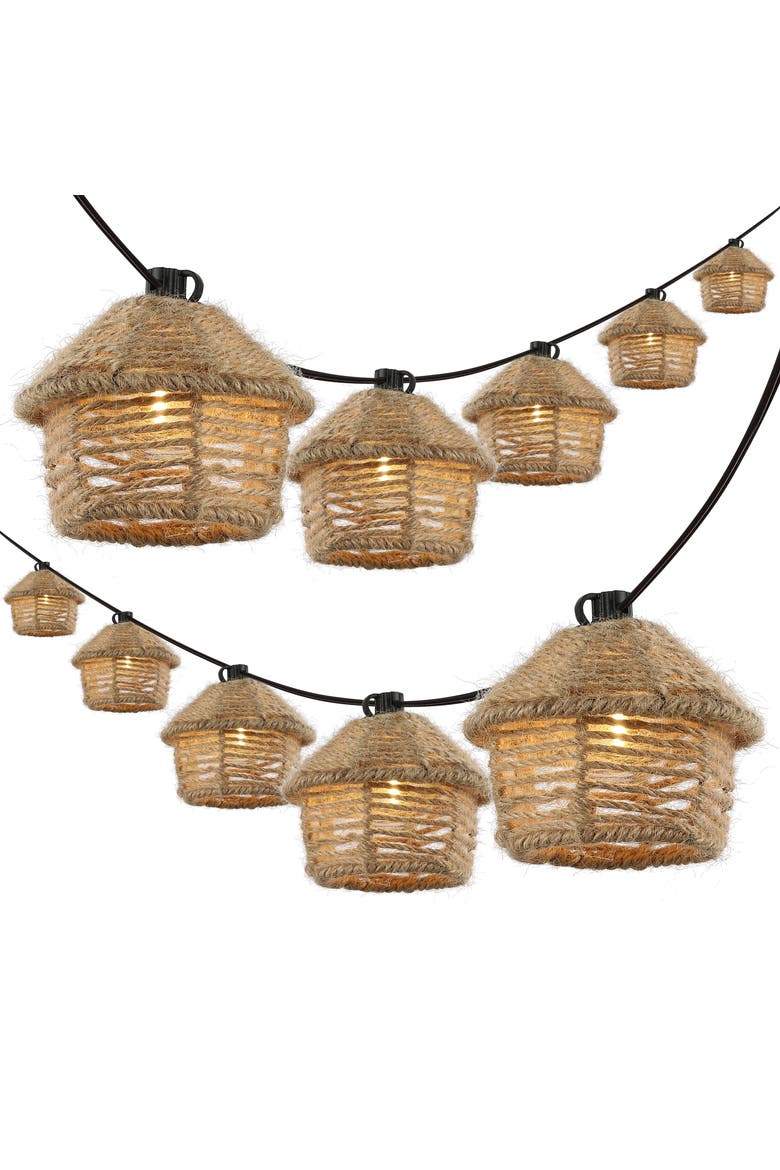 Maui 10-Light Indoor/Outdoor Mid-Century Vintage Incandescent G40 Tiki Hut Hemp Rope Shaded String Lights, Main, color, Brown