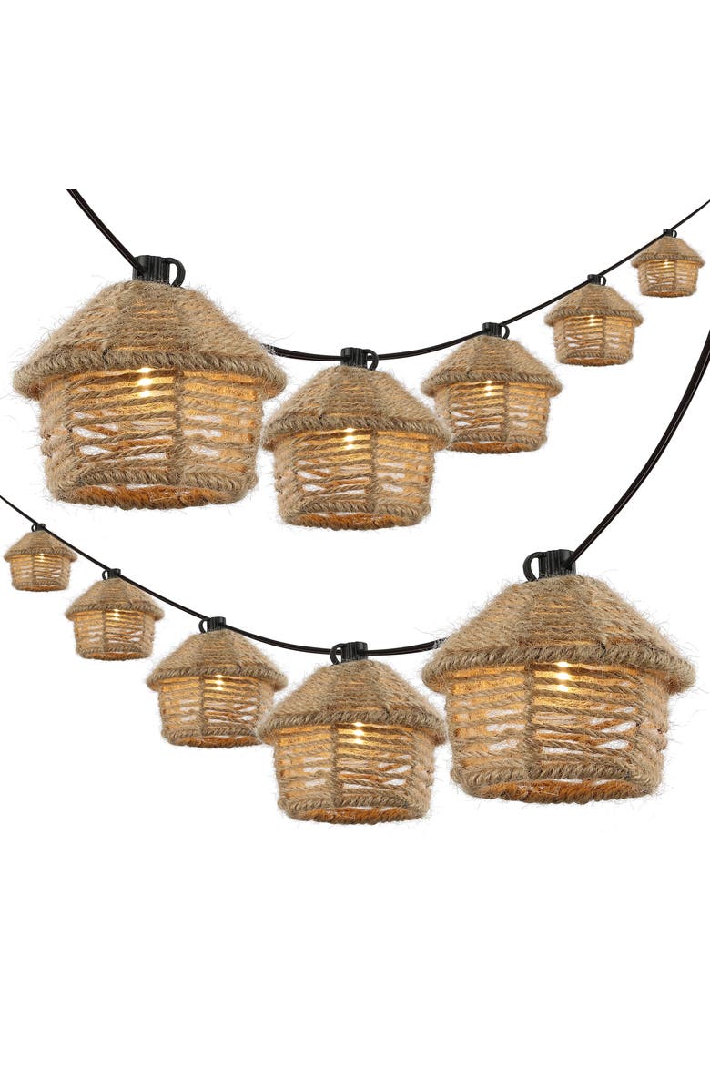 JONATHAN Y Maui 10-Light Indoor/Outdoor Mid-Century Vintage Incandescent G40 Tiki Hut Hemp Rope Shaded String Lights, Main, color, Brown