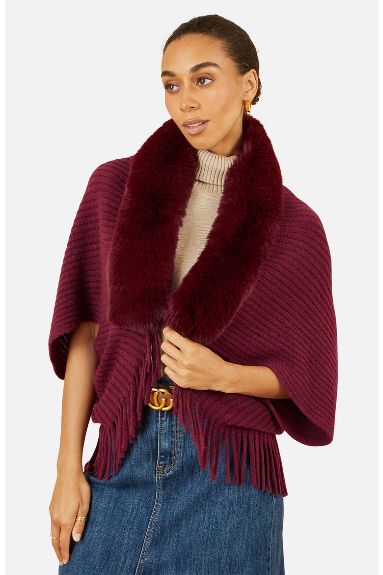 Faux Fur Collar Tassel Hem Shrug, Main, color, Burgundy