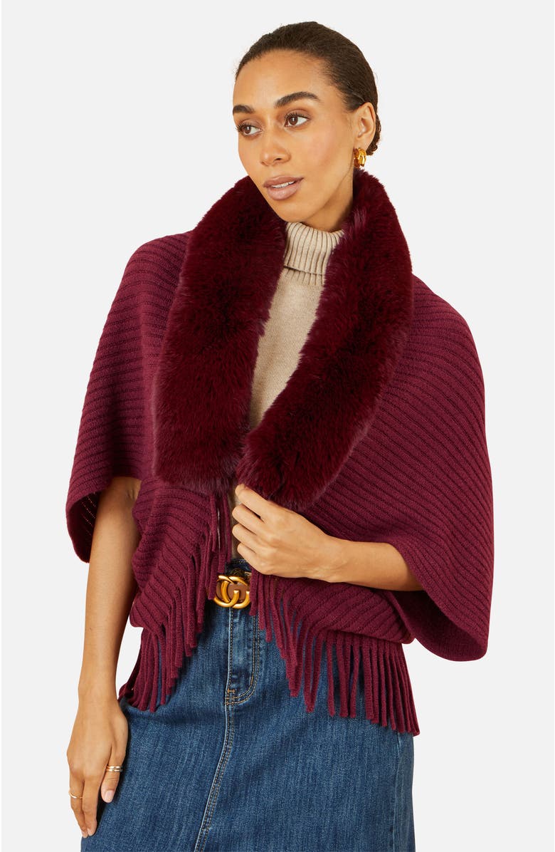 Yumi Faux Fur Collar Tassel Hem Shrug, Main, color, Burgundy