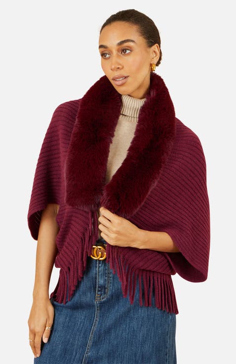 Fur Collar Shrug With Tassel Hem