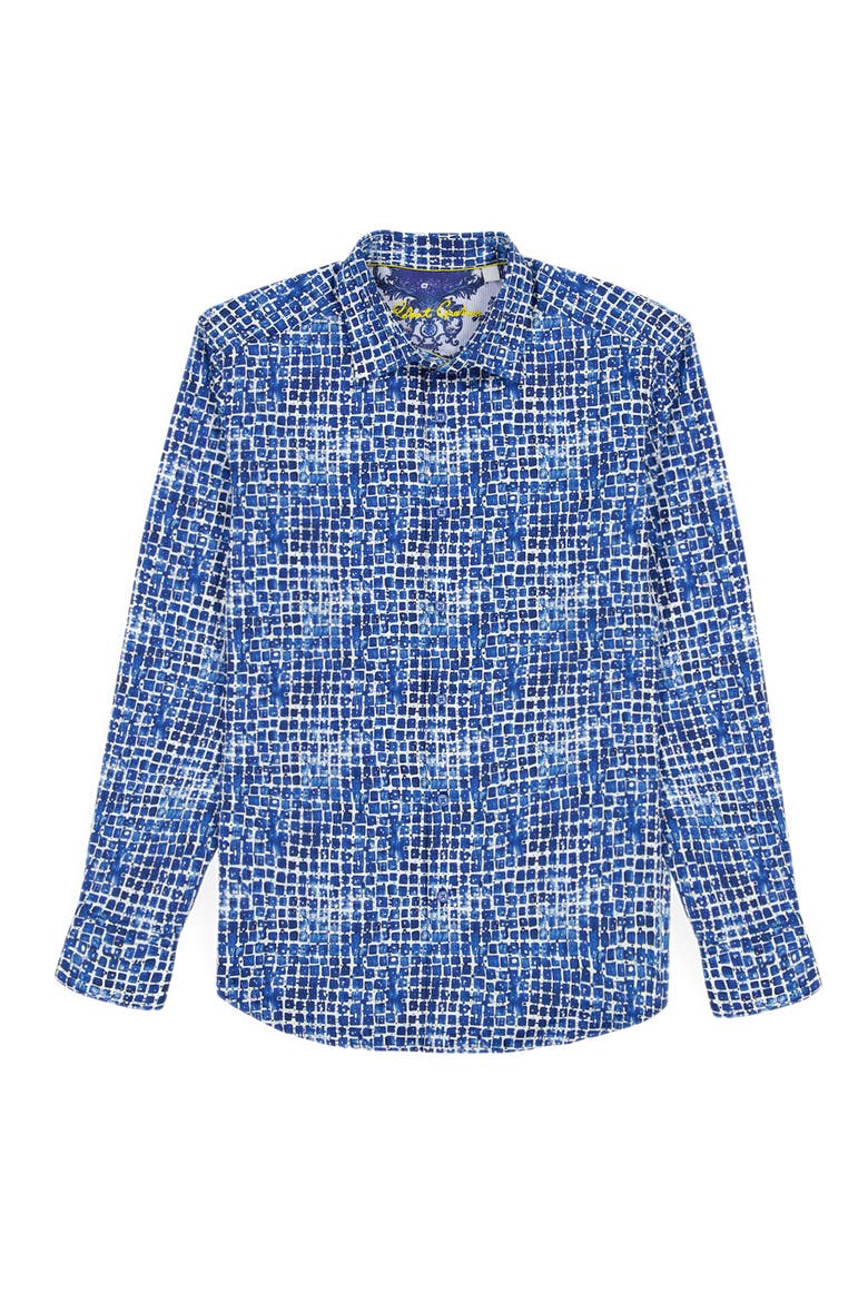 Hester Tile Print Stretch Cotton Button-Up Shirt, Alternate, color, BLUE