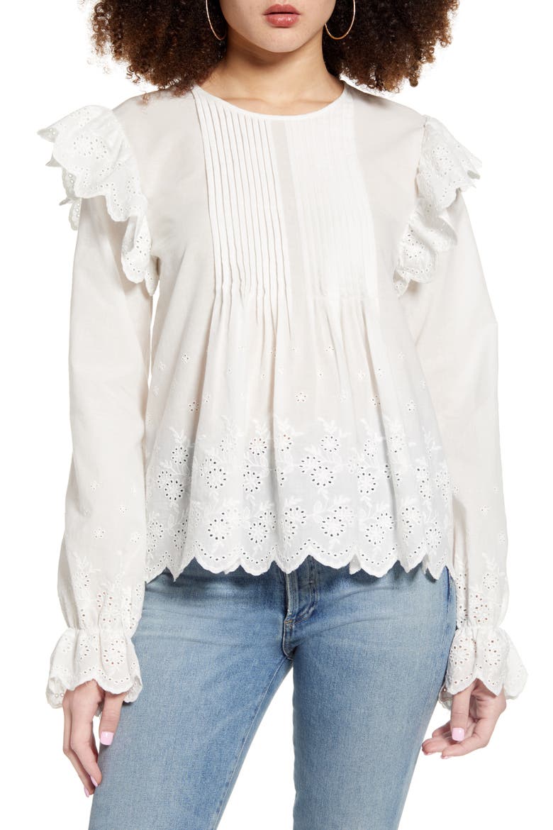 Eyelet Lace Pintuck Cotton Blouse, Main, color, WHITE