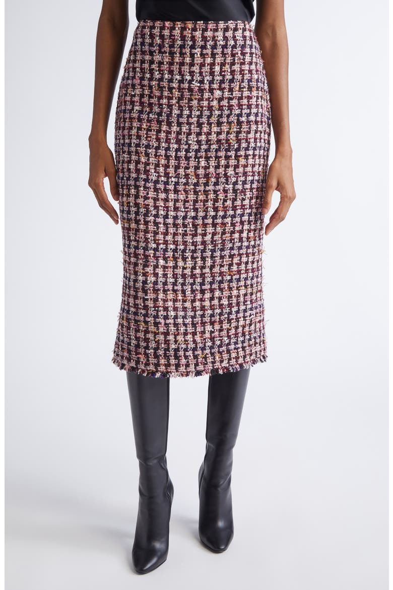 Fringe Houndstooth Tweed Pencil Skirt, Main, color, BORDEAUX ECRU MULTI