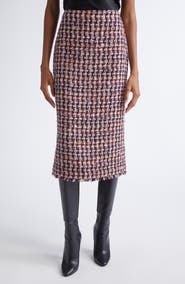 ST. JOHN Fringe Houndstooth Tweed Pencil Skirt