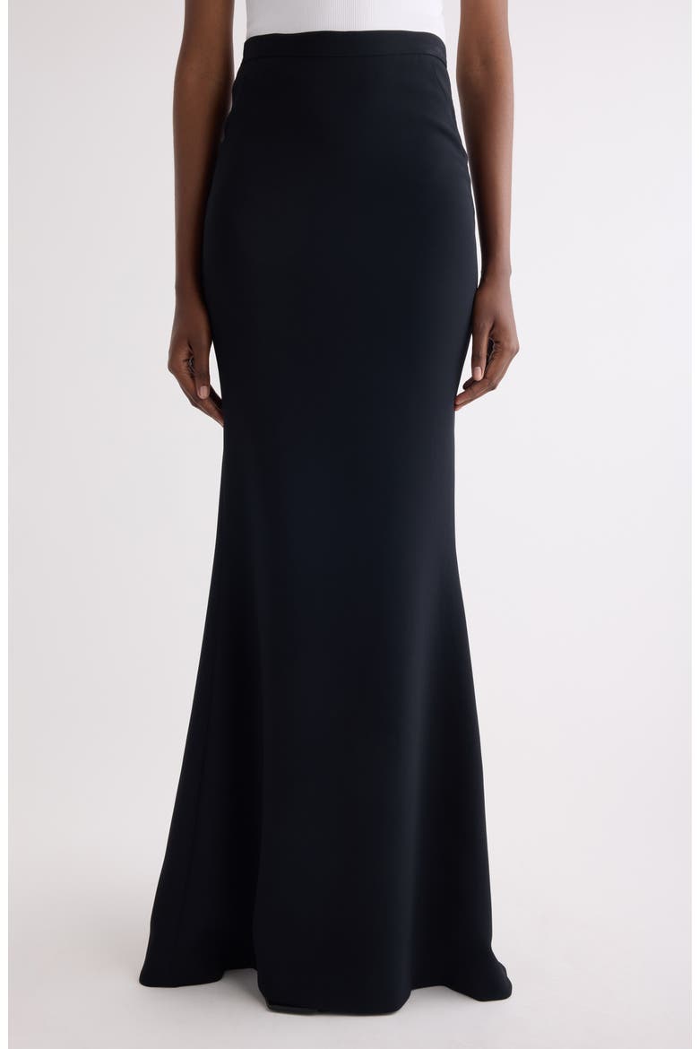 Long Kick Back Stretch Trumpet Skirt, Main, color, BLACK