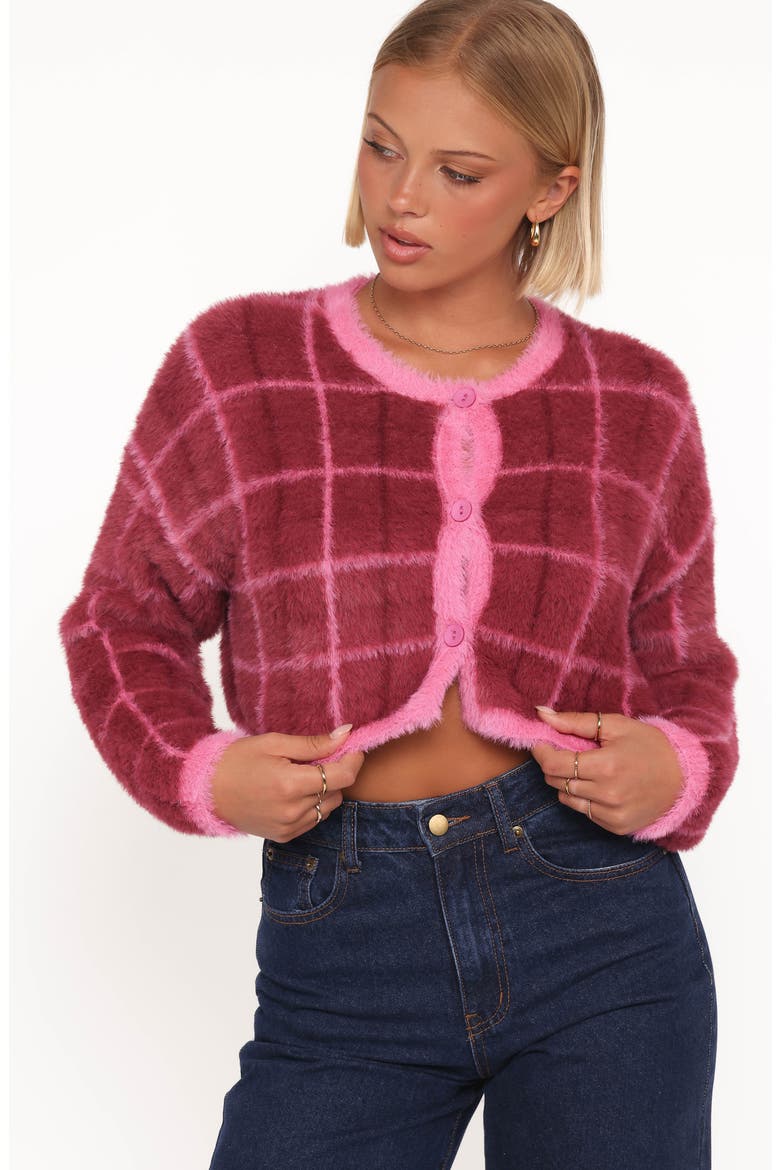 Viola Brushed Plaid Cardigan, Alternate, color, BURGUNDY