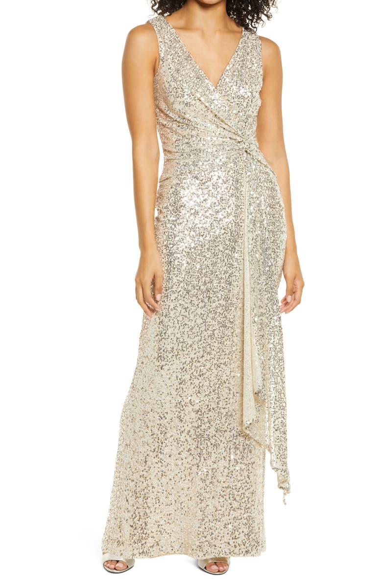 Vince Camuto Sequin Knot Front Sleeveless Gown, Main, color, 