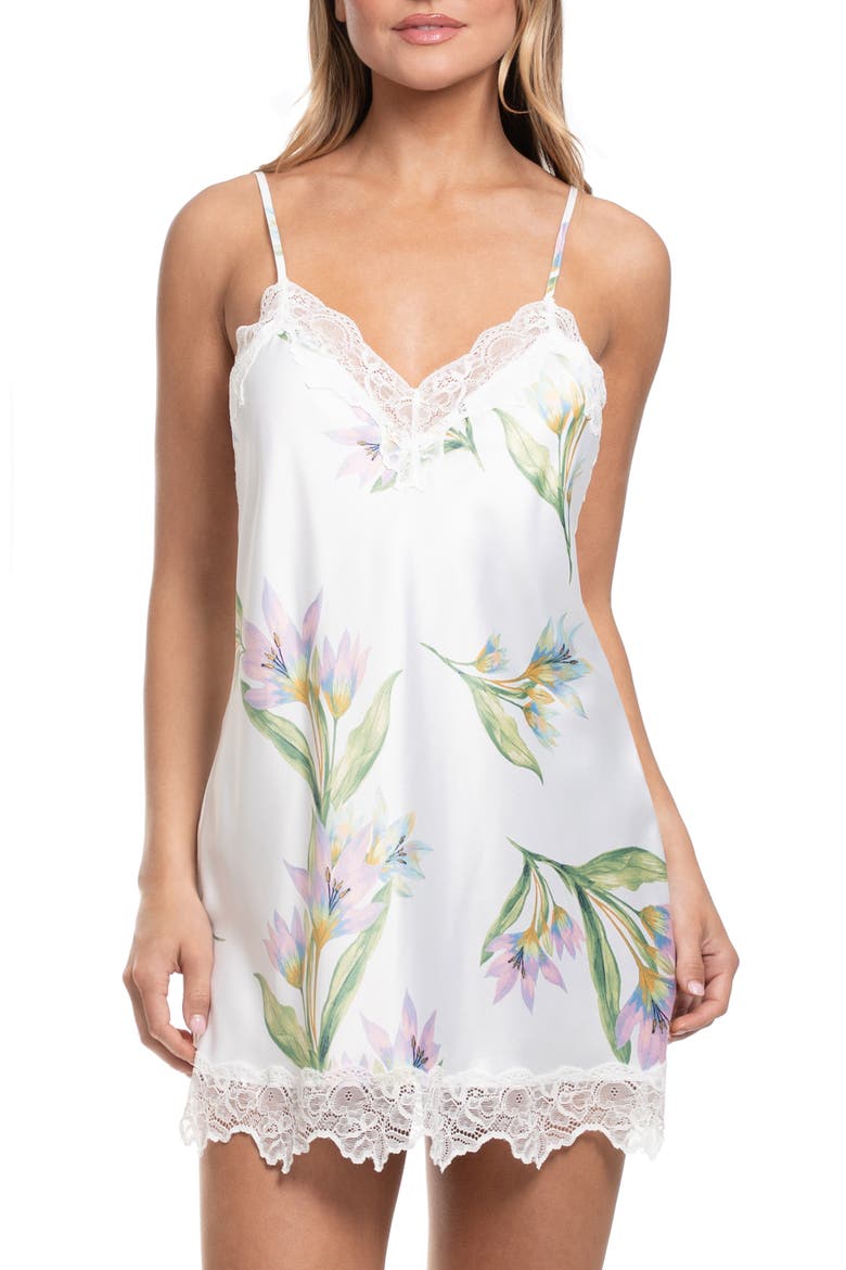 Elyse Lace Trim Print Satin Chemise, Main, color, IVORY