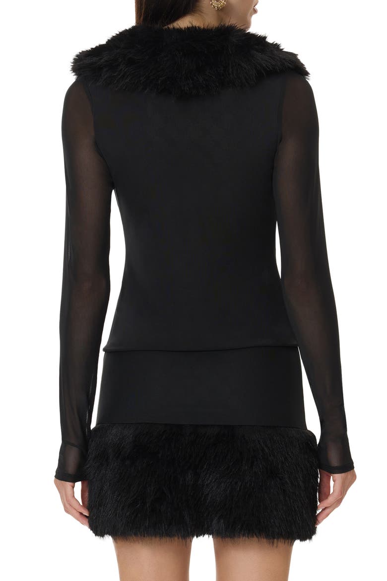 Nymia Faux Fur Collar Mesh Sleeve Cardigan, Alternate, color, NOIR