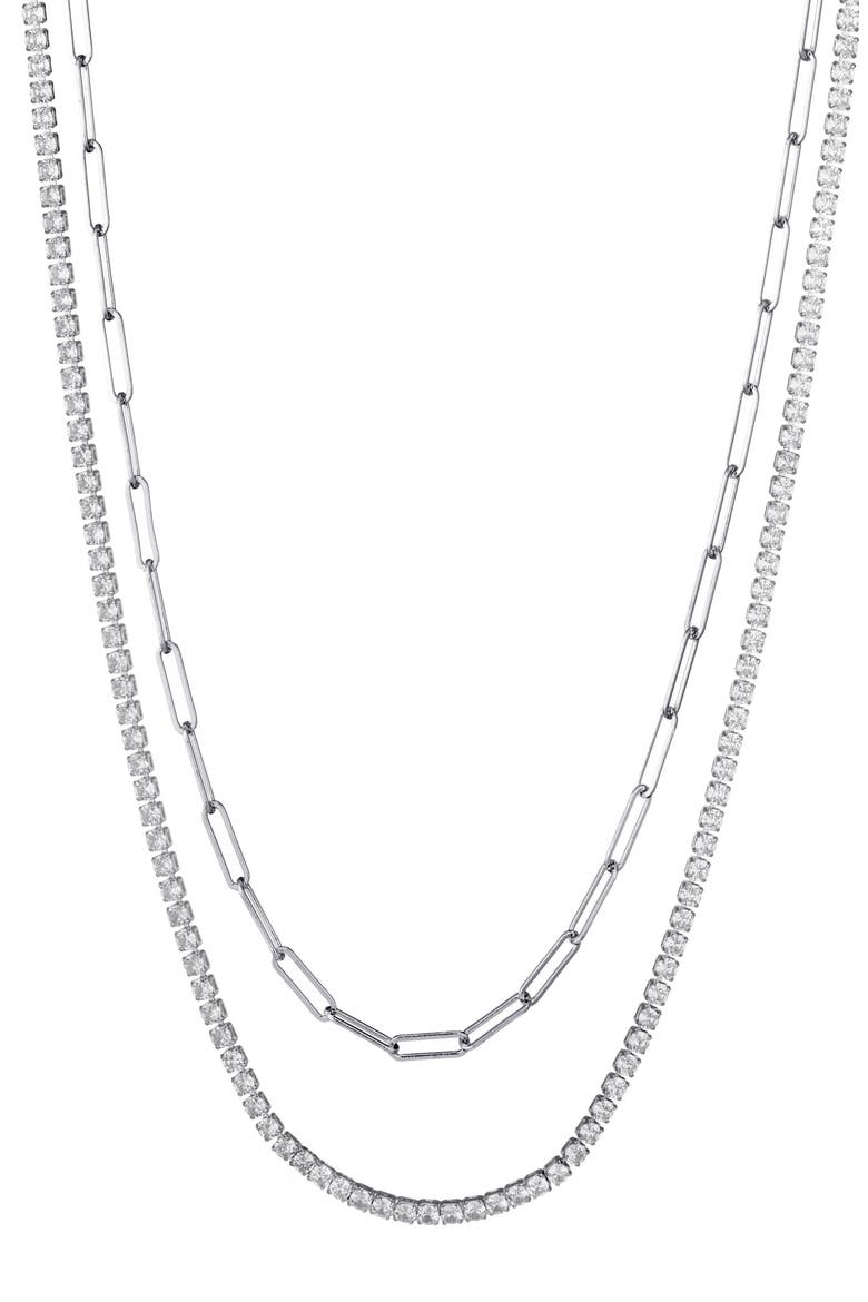 Set of 2 Paper Clip & Tennis Necklaces, Main, color, SILVER