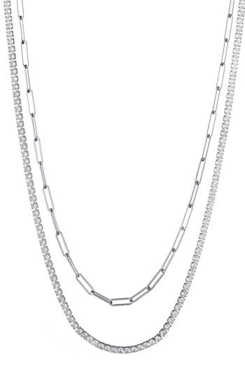Adornia Set Of 2 Paper Clip & Tennis Necklaces In Silver