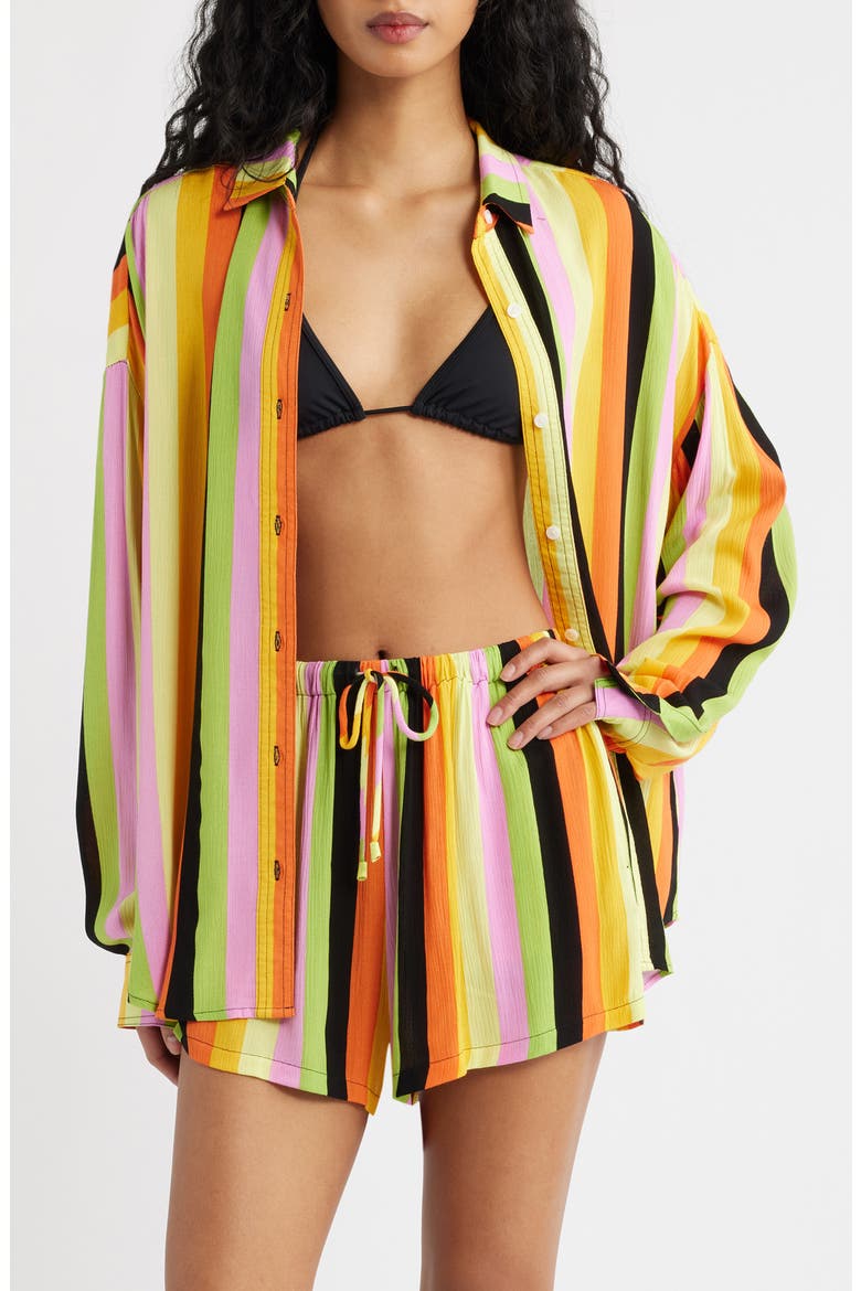 x Farm Rio Neon Stripe Relaxed Button-Up Shirt, Main, color, ORANGE MULTI