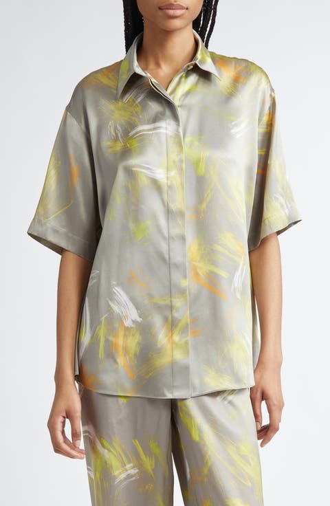 Drop Shoulder Short Sleeve Silk Button-Up Top