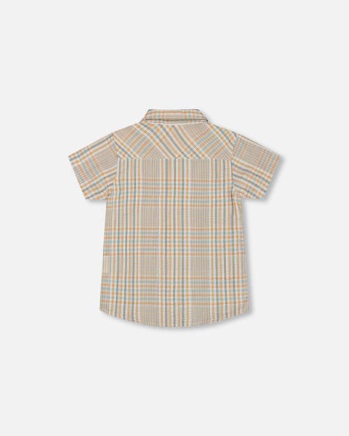 Deux Par Deux Little Boy's Short Sleeve Button Down Shirt Beige And Sage Plaid In Beige And Sage Plaid