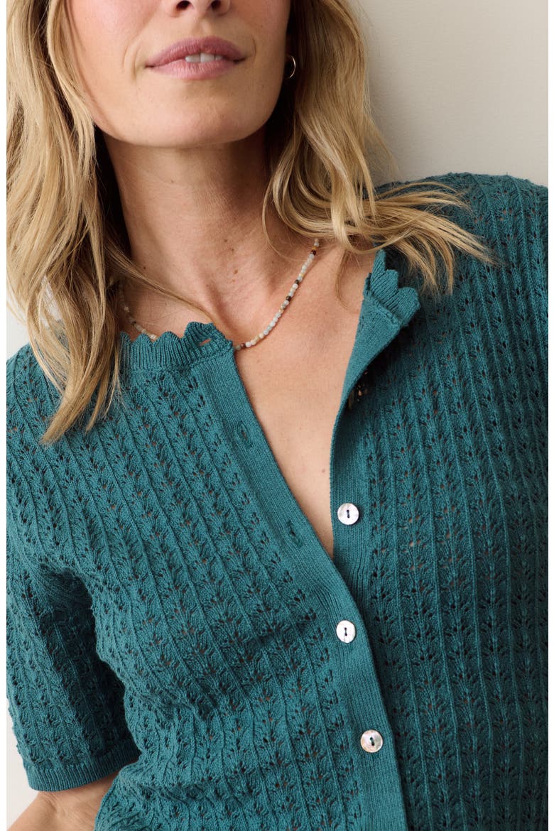 Lucia Pointelle Stitch Short Sleeve Cotton Blend Cardigan, Alternate, color, MEDITERRANEA