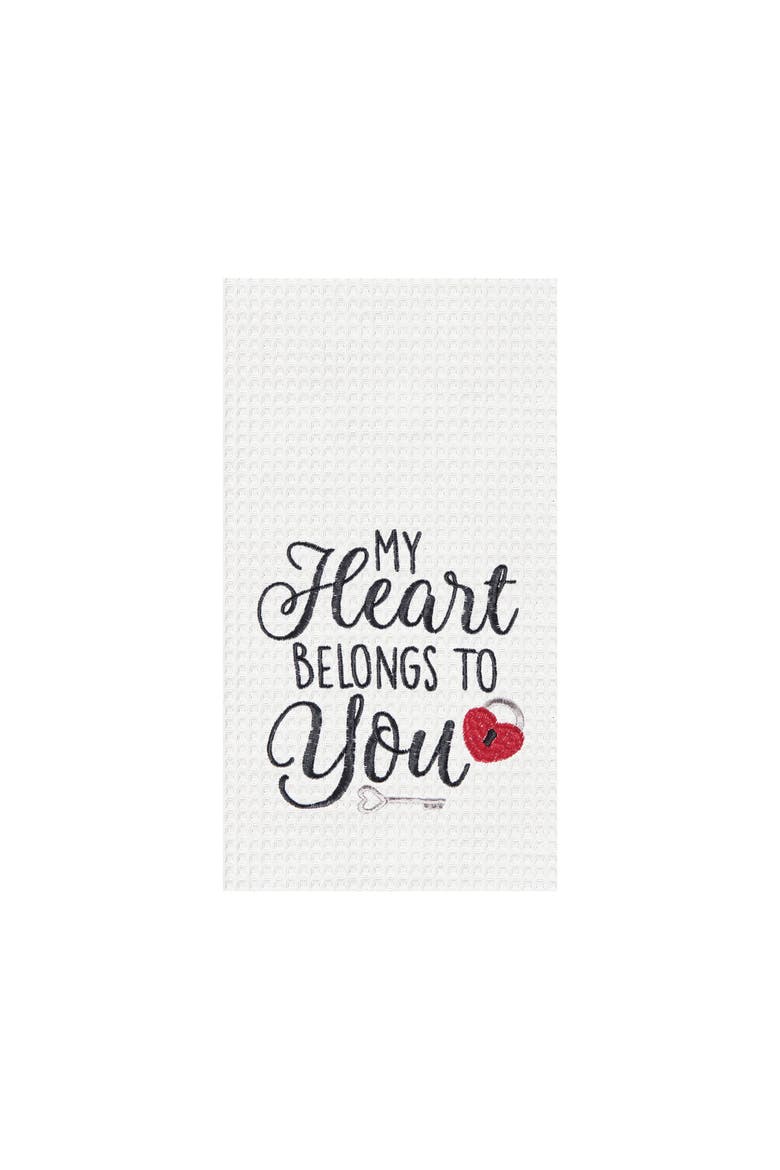 "Heart Belongs To You" Embroidered 100% Cotton Waffle Weave Valentine's Day Dishtowel, Main, color, White