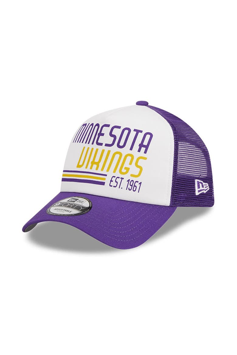 Men's New Era White/Purple Minnesota Vikings Stacked A-Frame Trucker 9FORTY Adjustable Hat, Main, color, White